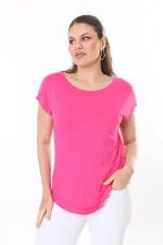 Kadın Büyük Beden Neon Pembe Bisiklet Yakalı Düşük Kollu Bluz 65N37706