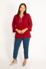 Kadın Bordo Yakası Kuşgözü Bağcık Detaylı Kol Ağzı Fırfır Büzgülü Bluz 65N34648