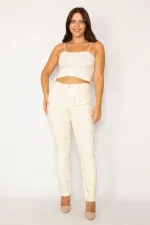 Kadın Bej Ekose Baskılı Likralı 5 Cepli Kot Pantolon 65N34151