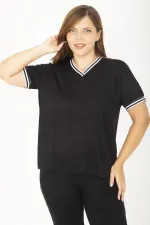 Kadın Büyük Beden Lacivert Ribanall Kısa Kollu Bluz Pantolon Eşofman Takım 65N36811