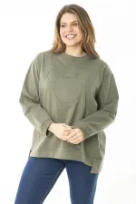 Women's Plus Size Khaki Ribbed Slit Sweatshirt 65N37177