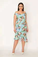 WOMEN'S COLORFUL DRESS WITH FLOUNCED WAIST AND DRAPED HEM