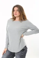 Kadın Büyük Beden Gri Bisiklet Yakalı Kendinden Çizgili Uzun Kollu Bluz 65N37529