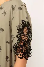 Kadın Haki Dokuma Viskon Kumaşv Yaka Dantel Detaylı Elbise 65N33533