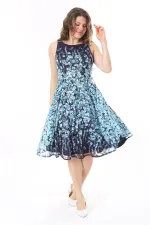 Kadın Büyük Beden Mavi Arka Fermuarlı Astarlı Dantel Elbise 65N37983