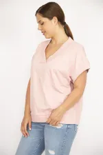 Kadın Pembe Büyük Beden V Yakalı Ribanalı Tunik