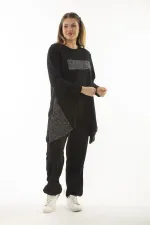 Kadın Büyük Beden Siyah Sim Detaylı Sweatshirt Pantolon İkili Takım 65N37054