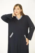 Kadın Büyük Beden Lacivert Ribana Detaylı V Yakalı Kol Boy Ayarlı Cepli Elbise 65N36829