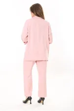 Kadın Büyük Beden Pembe Kol Boy Ayarlı Astarsız Ceket Ve Beli Lastikli Pantolon Takım 65N37779
