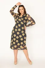 KADIN SİYAH KOLLARI TÜL BEDENİ ASTARLI KUŞAK BAĞLAMALI ÖNÜ AÇIK ANVELOP ELBİSE