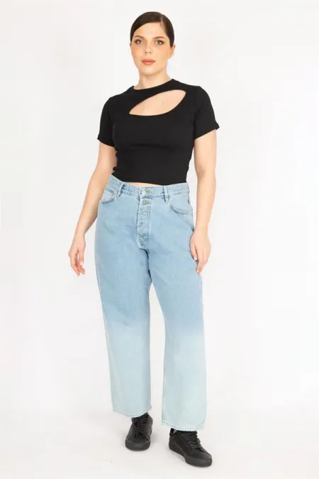 Kadın Mavi Büyük Beden Yıkama Efektli Ön Düğmeli 5 Cepli Kot Pantolon