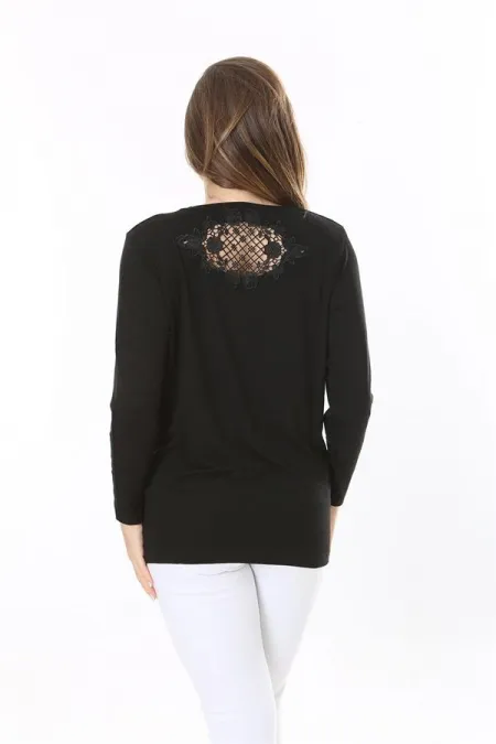 Kadın Büyük Beden Siyah Önü Taş Ve Sırtı Dantel Detaylı Uzun Kollu Bluz 65N37803
