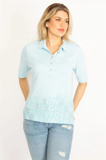 Kadın Haki Polo Yaka Pat Düğmeli Sim Ve Taş Detaylı Bluz 65N34521