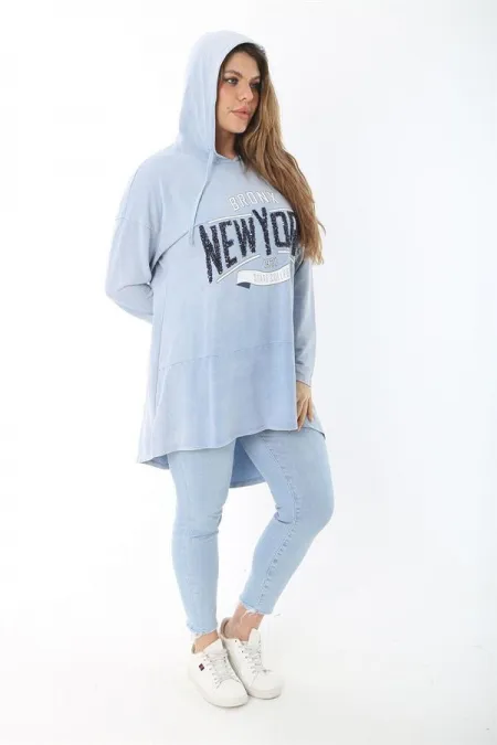 Women's Plus Size Blue Sequin Detailed Long Back Hooded Sweatshirt 65N37463