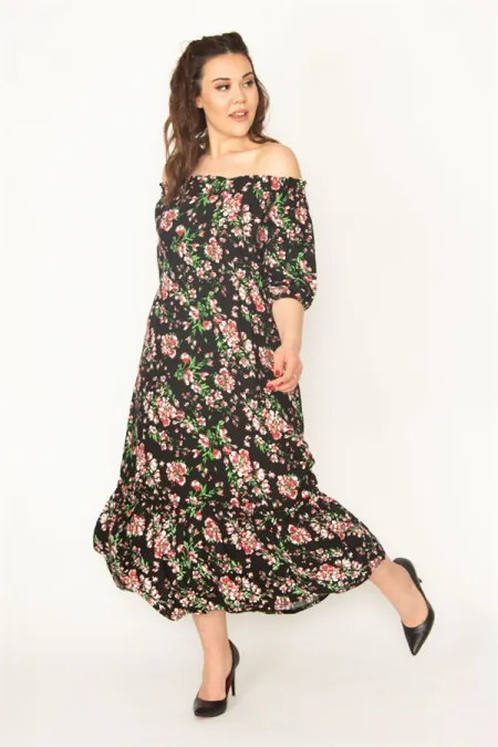 KADIN EFLATUN DOKUMA VİSKON KUMAŞ MADONNA YAKA KOL AĞZI VE YAKASI LASTİKLİ KATLI ELBİSE