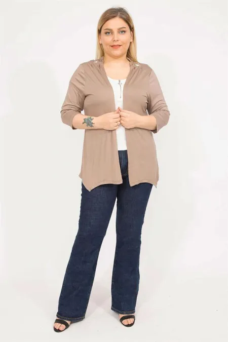 Kadın Vizon Büyük Beden Sırtı Dantel Detaylı Kapri Kollu Hırka 65N35780