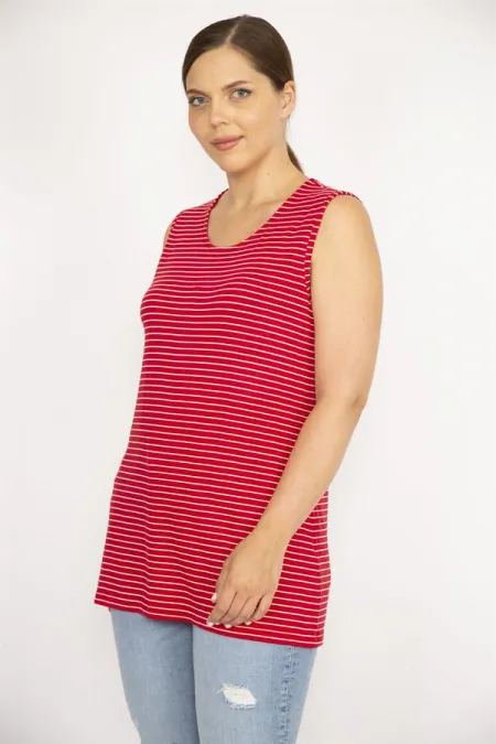 Kadın Kırmızı Büyük Beden Kolsuz Çizgili Likralı Viskon Bluz