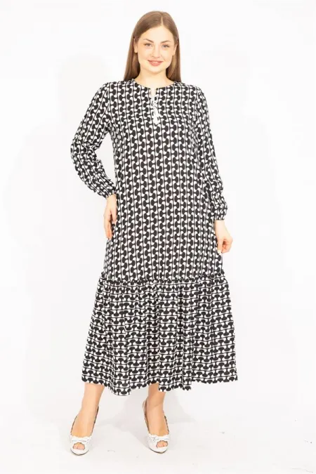 Kadın Siyah Dokuma Viskon Kumaş Etek Ucu Katlı Uzun Kollu Elbise 65N35513