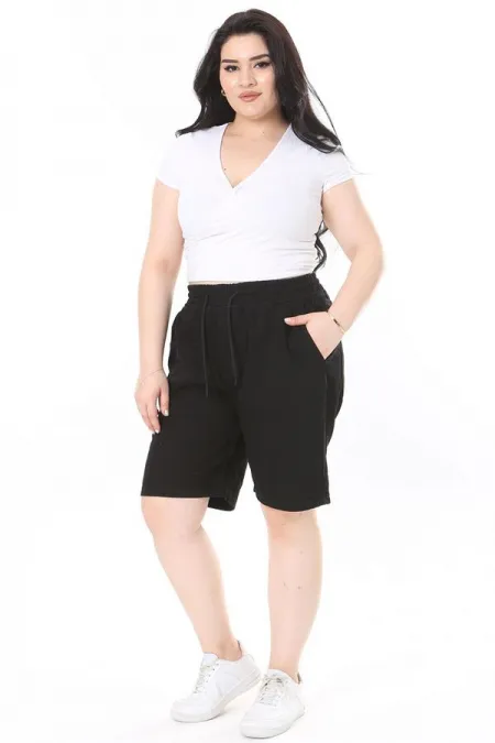 Kadın Büyük Beden Siyah Beli Lastikli 4 Cepli Kot Şort 65N38068