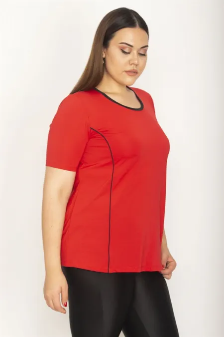 Kadın Kırmızı Yaka Ve Kup Biyeli Kısa Kollu Bluz 65N27038