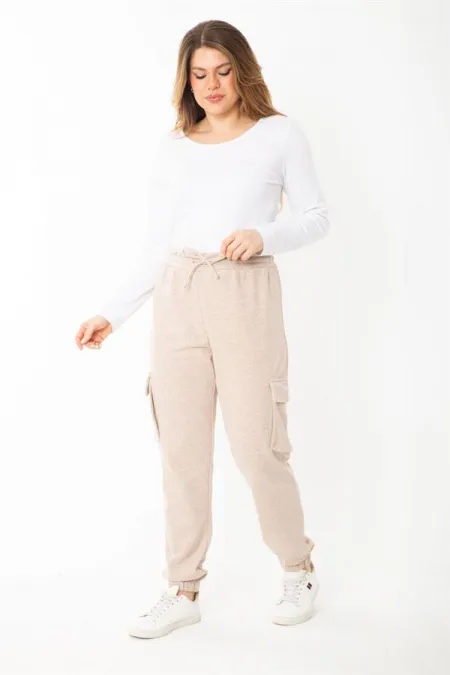 Kadın Büyük Beden Vizon Bel Ve Paçası Lastikli Kargo Cepli Eşofman Alt 65N37391