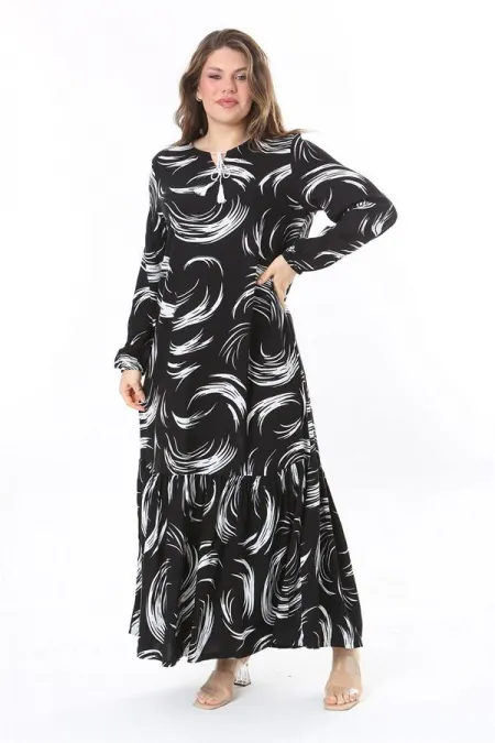 Kadın Büyük Beden Siyah Dokuma Viskon Kumaş Etek Ucu Katlı Uzun Kollu Elbise 65N37958