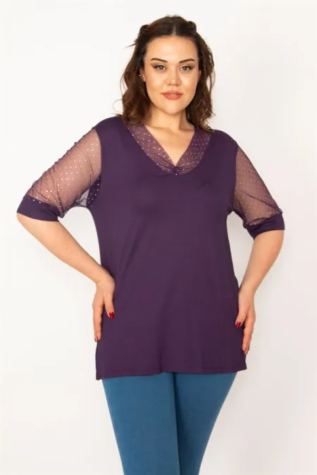 Kadın Mürdüm Kol Ve Yakası Tül Ve Taş Detaylı Bluz 65N33345