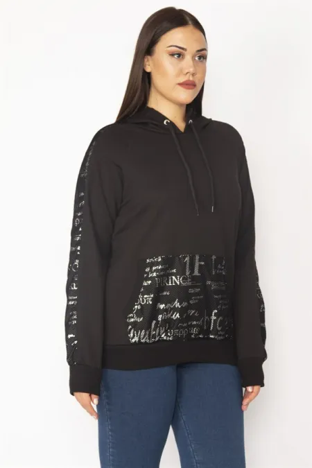 Women's Black Lacquer Print and Mesh Detailed Hooded Kangaroo Pocket Sweatshirt 65N28358