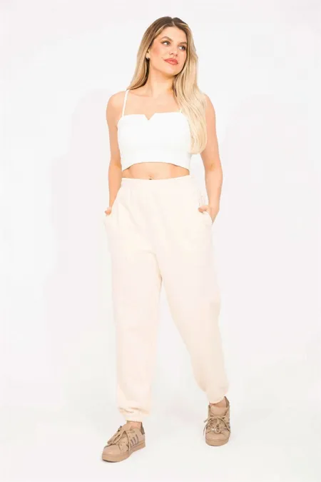 Kadın Bej 3 İplik Polar Kumaş İçi Şardonlu Eşofman Alt 65N35293