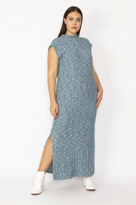 Kadın Gri Dik Yakalı Yan Yırtmaçlı Likralı Elbise 65N28715