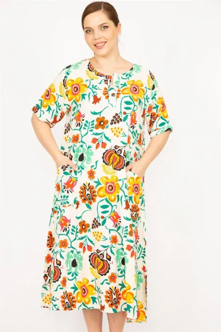 Kadın Renkli Büyük Beden Dokuma Viskon Kumaş Ön Pat Düğmeli Cepli Elbise 65N35839