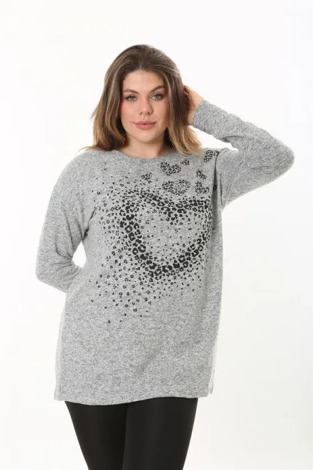 Kadın Büyük Beden Gri Önü Taş Detaylı Yün Viskon Bluz 65N37501