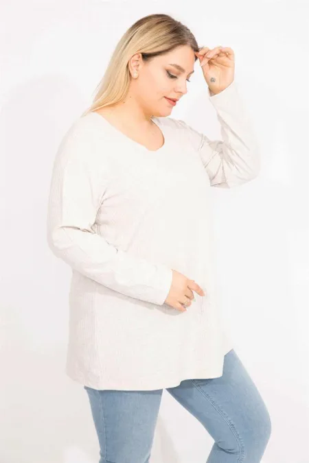 Kadın Taş Büyük Beden Kendinden Çizgili Bisiklet Yakalı Uzun Kollu Tunik 65N35646