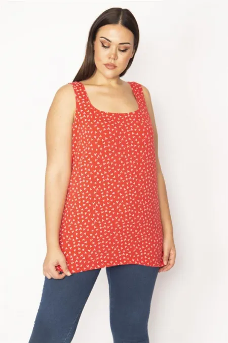 Kadın Kırmızı Büyük Beden Pamuklu Kumaş Likralı Kolsuz Bluz