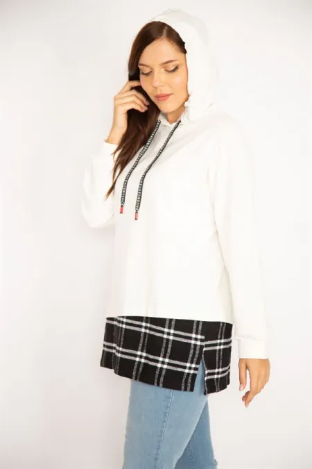 Women's Bone Hooded Plaid Hem Sweatshirt 65N34878