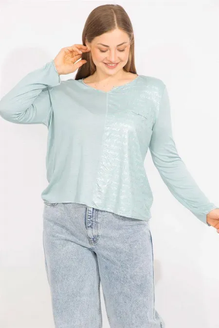 Kadın Yeşil Büyük Beden Sim Ve Baskı Detaylı Bluz 65N35568