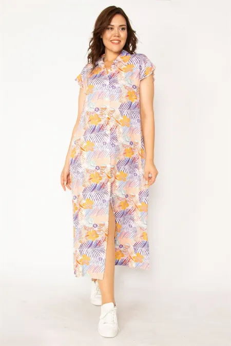 Kadın Renkli Dokuma Viskon Kumaş Ön Boy Düğmeli Gömlek Yakalı Elbise 65N33879