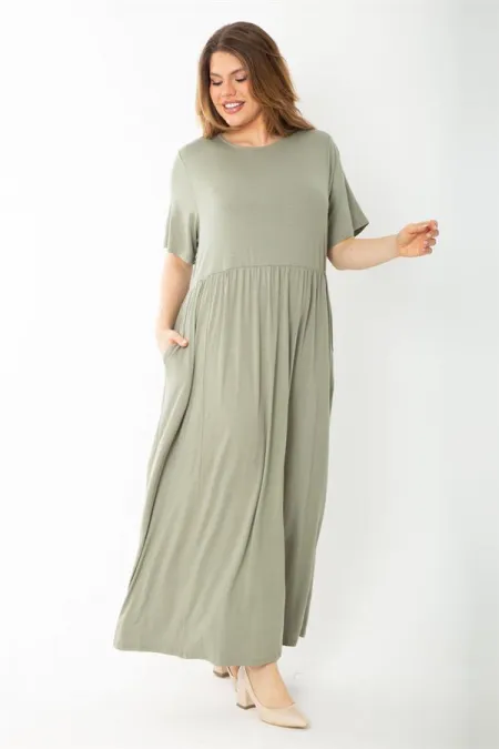 Kadın Büyük Beden Haki Bel Büzgülü Kısa Kollu Uzun Elbise 65N37757