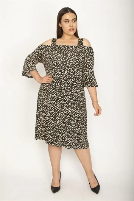 Kadın Lacivert Askılı Omuz Dekolteli Kol Ağzı Volanlı Viskon Elbise 65N26348