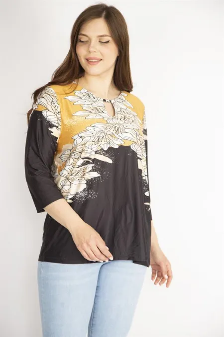 Kadın Hardal Büyük Beden Öpücük Yaka Kapri Kollu Yakası Taş Detaylı Bluz