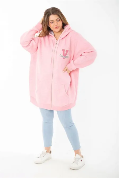 Kadın Büyük Beden Mavi İçi Şardonlu Ön Fermuar Ve Kapşonlu Sweatshirt 65N37405