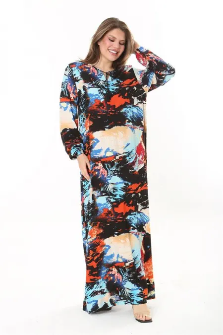 Kadın Büyük Beden Mavi Yaka Bağcıklı Uzun Kollu Maksi Boy Elbise 65N37869