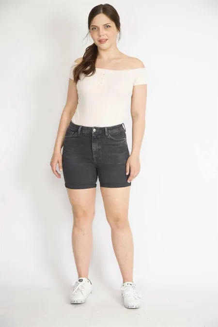 Kadın Antrasit Büyük Beden Duble Paça Likralı Skınny Kot Şort