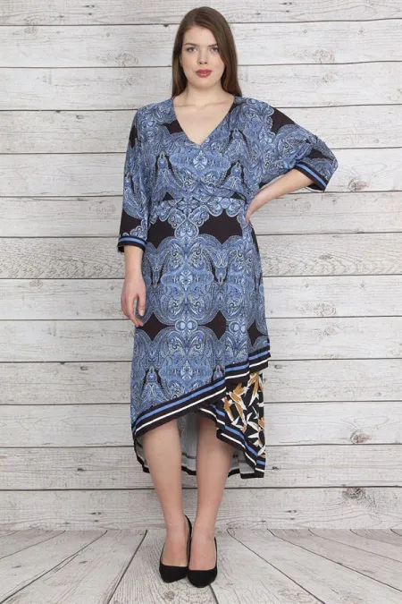 Kadın Mavi Anvelop Yakalı Desenli Uzun Elbise 65N23192