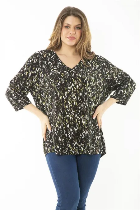 Kadın Büyük Beden Kahve Yaka Pileli Kapri Kollu Bluz 65N37147