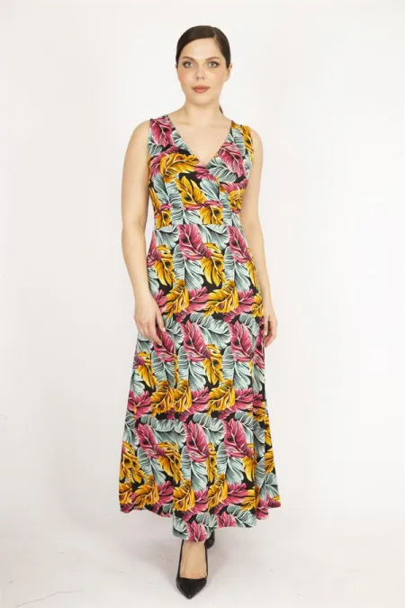 Kadın Renkli Büyük Beden Anvelop Yakalı Renkli Uzun Elbise