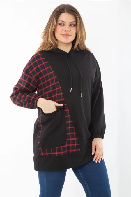 Women's Plus Size Black Plaid Garnished Hooded Sweatshirt 65N37289