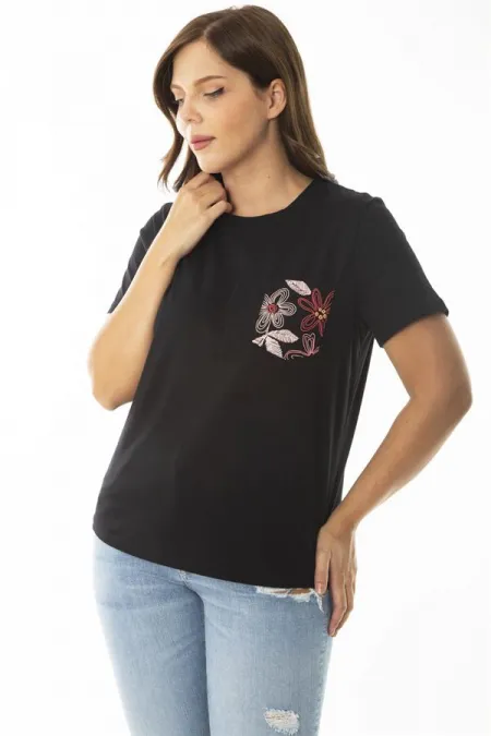 Kadın Büyük Beden Siyah Peto Cepli Kısa Kollu Bluz 65N36947