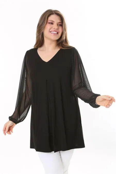 Kadın Büyük Beden Siyah Kolları Tül Önü A Pileli Tunik 65N37784