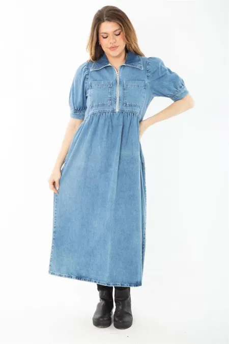 Kadın Büyük Beden Mavi Ön Pat Fermuarlı Kot Elbise 65N37377